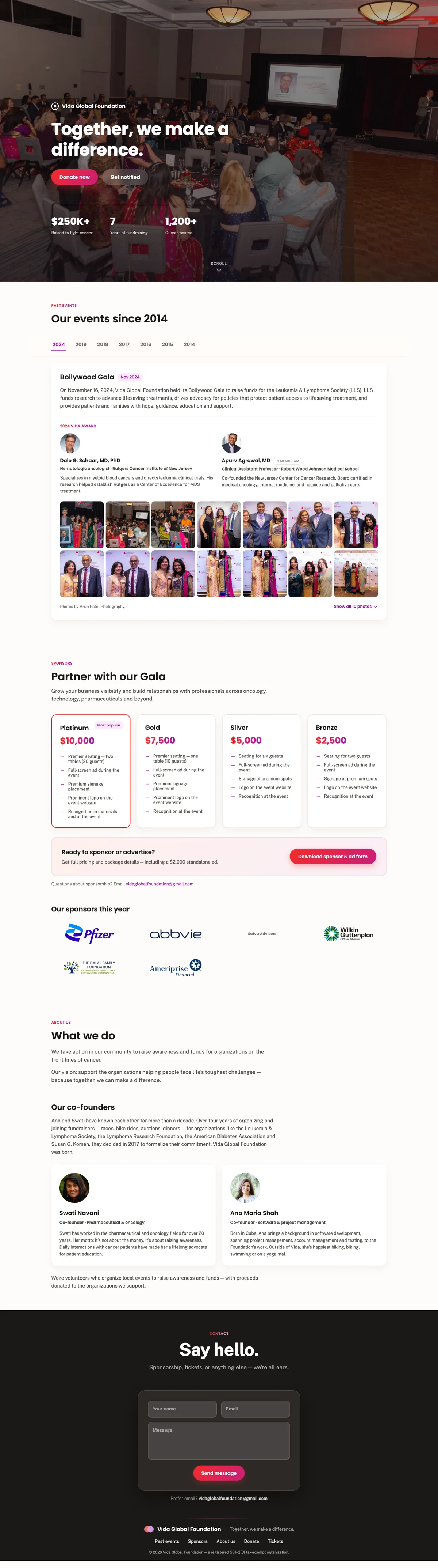 The new site, top to bottom: gala hero, events archive with year tabs and collapsed galleries, four sponsor tiers with real logos, founders, and contact