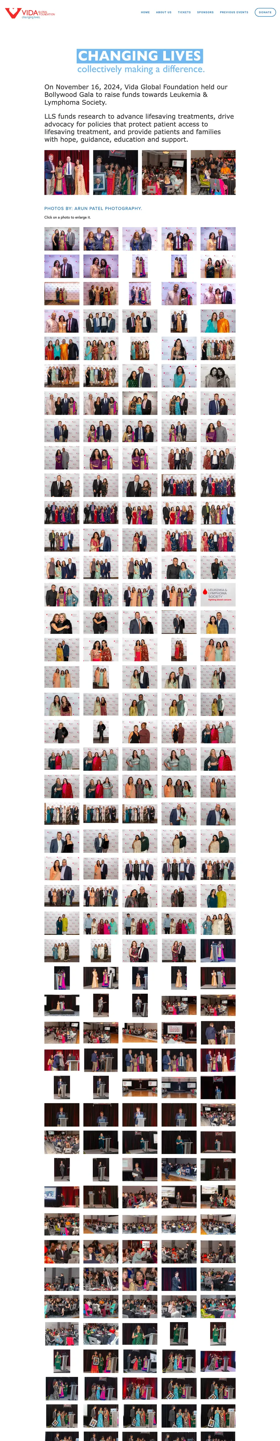 The old Vida site: a text-highlight headline, paragraphs of centered text, then hundreds of photos in one uncollapsed grid