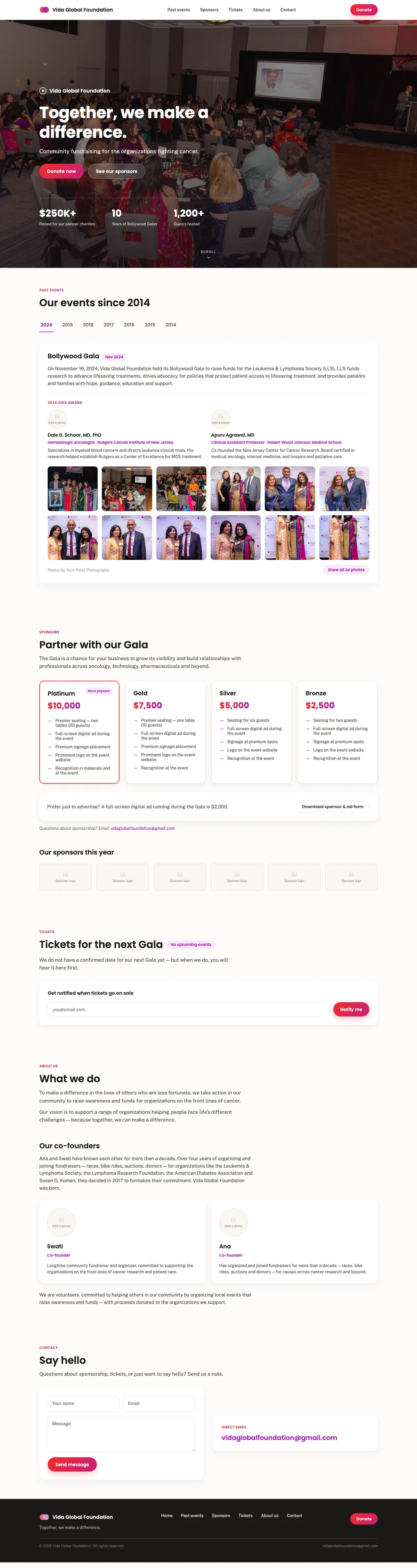 The high-fidelity prototype: red-to-magenta brand gradient, full-bleed gala hero with three stats, events archive with year tabs, four sponsor tiers, and dashed placeholder boxes where photos and logos were still to come